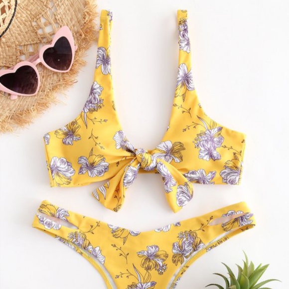 ZAFUL Floral Tie Front Bra Swimwear - Yellow S - Picture 2 of 9